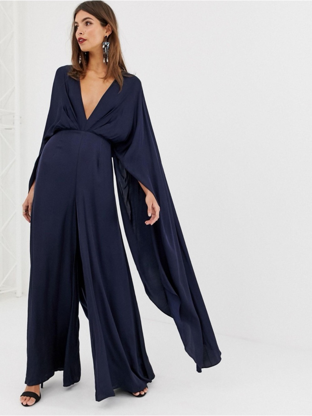 ASOS Satin Cape Sleeve Jumpsuit Navy US 2 NWT